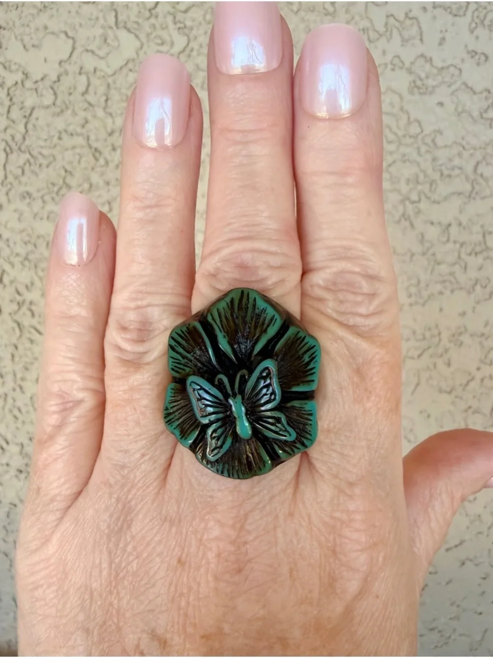 Chunky Acrylic Green Floral Butterfly Statement Ring